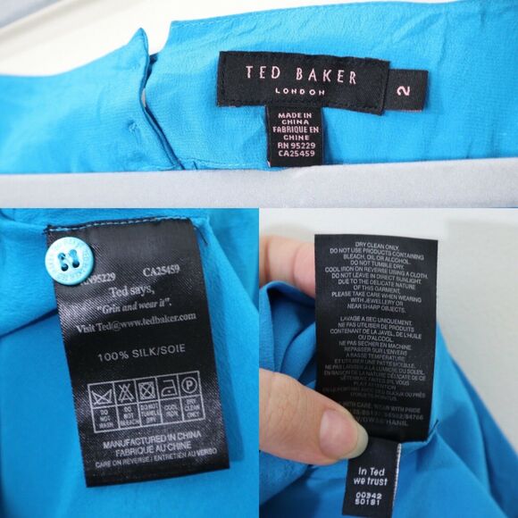 Ted Baker London 2 US 6 Silk Boxy Blouse Blue Satin Wide Sleeve Square Top - Picture 3 of 11